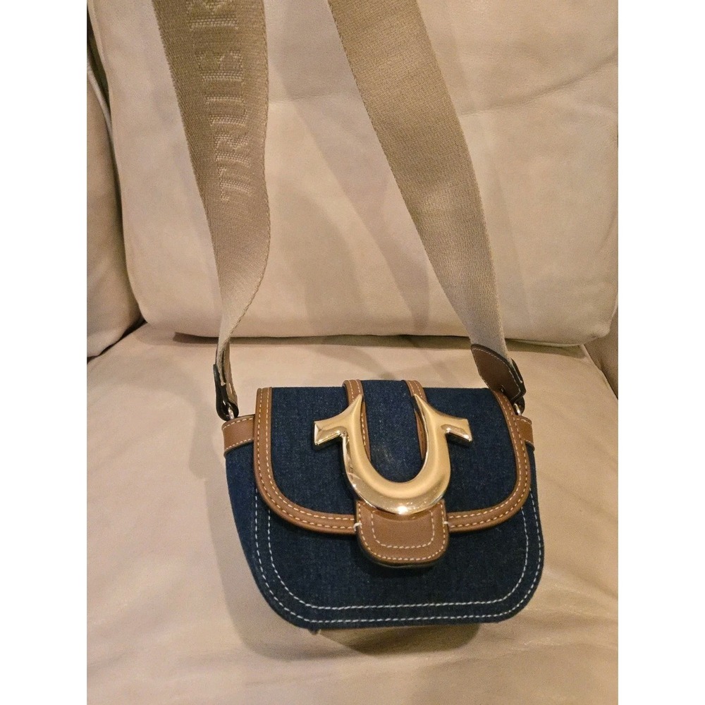 True Religion Crossbody Mini Flap Denim Blue Gold Tone Horseshoe Wide Adj Strap